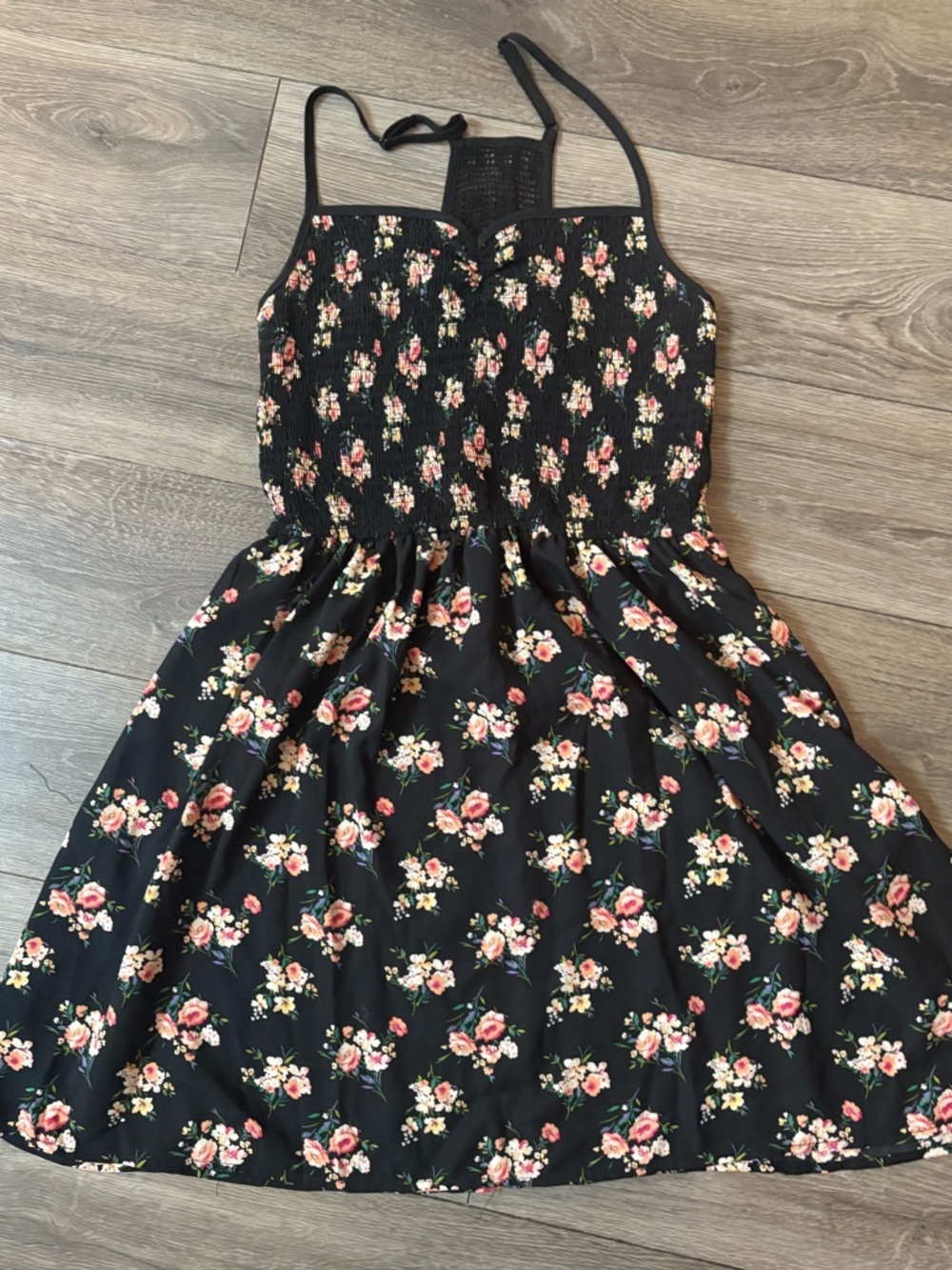 Xhilaration Black Floral Smocked Sundress with Pink & Cream Roses